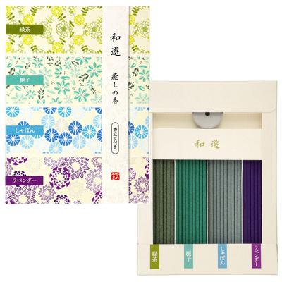 Kameyama Wayu Assortert Helbredende Røkelse 1 Sett Røkepinner med Røkelsesholder (Grønn te/Gardenia/Såpe/Lavendel)