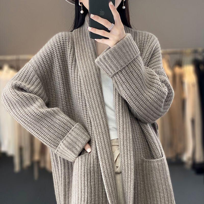 Autumn and Winter Korean Version Medium Long V-neck Sweater Women's Coat Slimming Lazy Style Knitted Cardigan