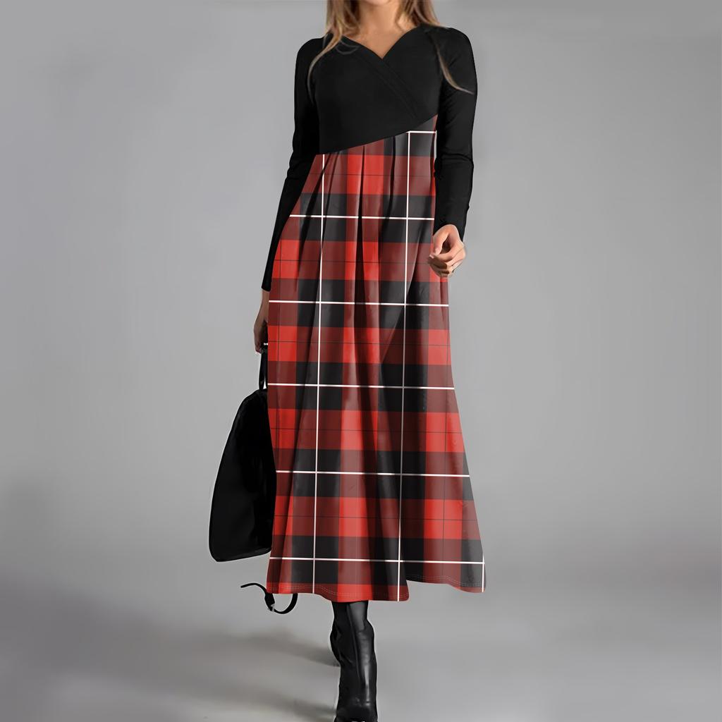 Dámské ležérní šaty s dlouhým rukávem s výstřihem do V, kostkovaným potiskem, stahovací kapsou v pase a velkými swingovými šaty