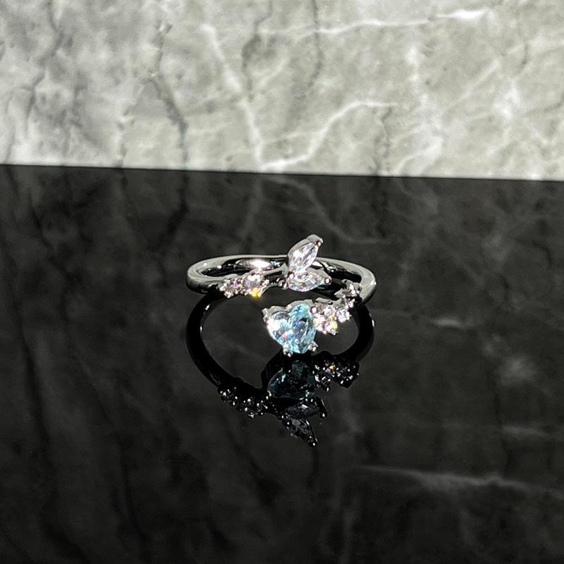 2026 Clear Blue Hao Diamond Romantic Sea Blue Zircon White Temperament Open Ring Women s Exquisite Niche Cold Wind Versatile Ring Resizable
