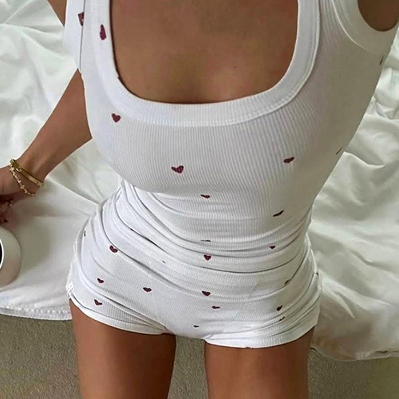 

1 Set Pajamas Smooth Fit Sleeveless Machine Washable Heart Polka Dot Print Cute Round Neck Comfortable Nightgown Black/White XXL