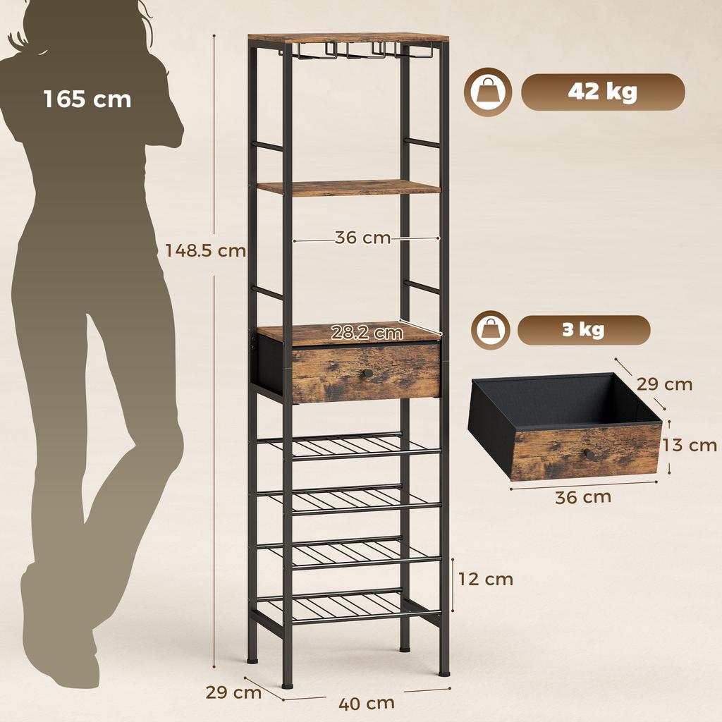 Industrial Wine Bar Cabinet Freestanding Liquor Cabinet 16-Bottle Wine Rack Glass Holder Rustic Brown