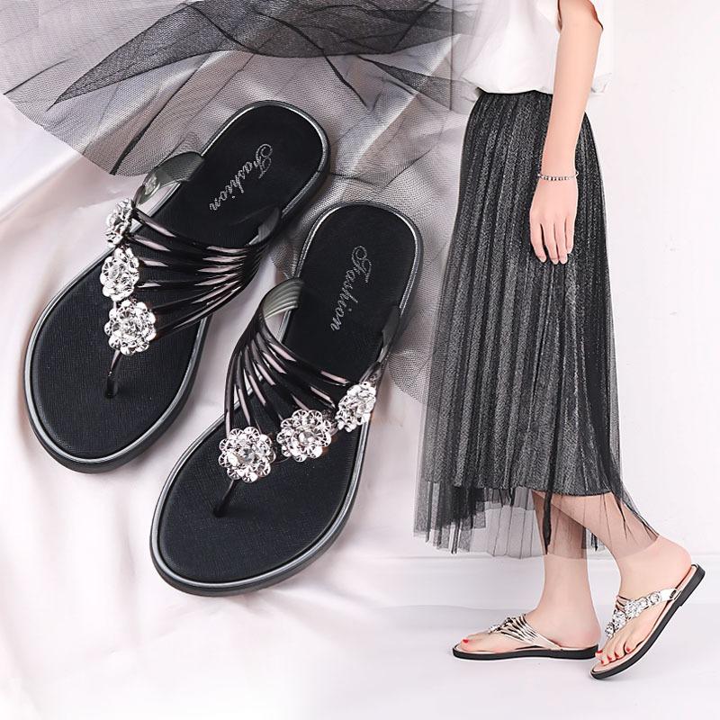 Women's Rhinestone Flower Flip Flops Flat Thong Sandals Casual Beach Slippers