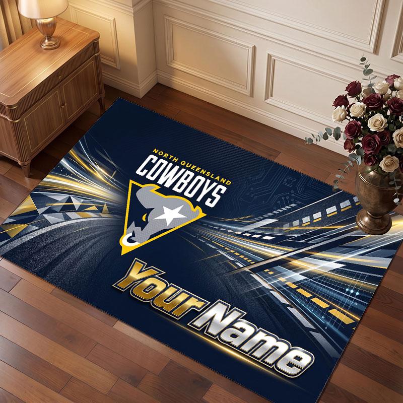 North Queensland Cowboys Personalized Crystal Velvet Carpet, Customized Name Text Soft Anti‑Slip Rug for Living Room Bedroom
