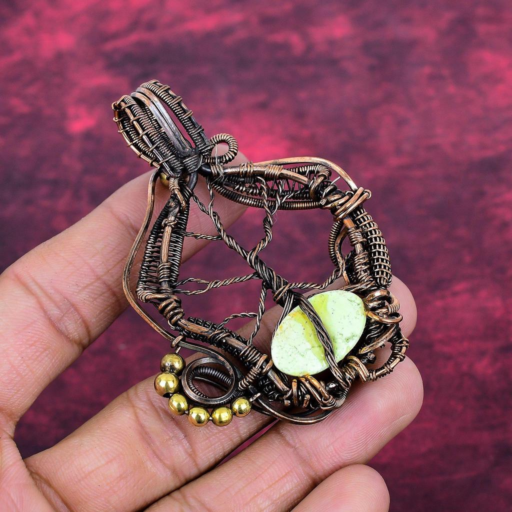 Tree Of Life Lemon Chrysoprase Gemstone Pendant Copper Wire Wrapped Handmade Jewelry