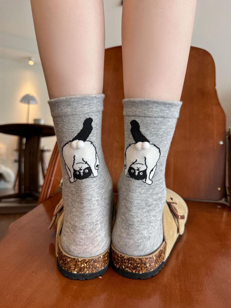 Cartoon Cat Egg Socks Women'S Socks Trendy Spring And Autumn Cotton Socks Cute Accessories Animal Kitten Stockings