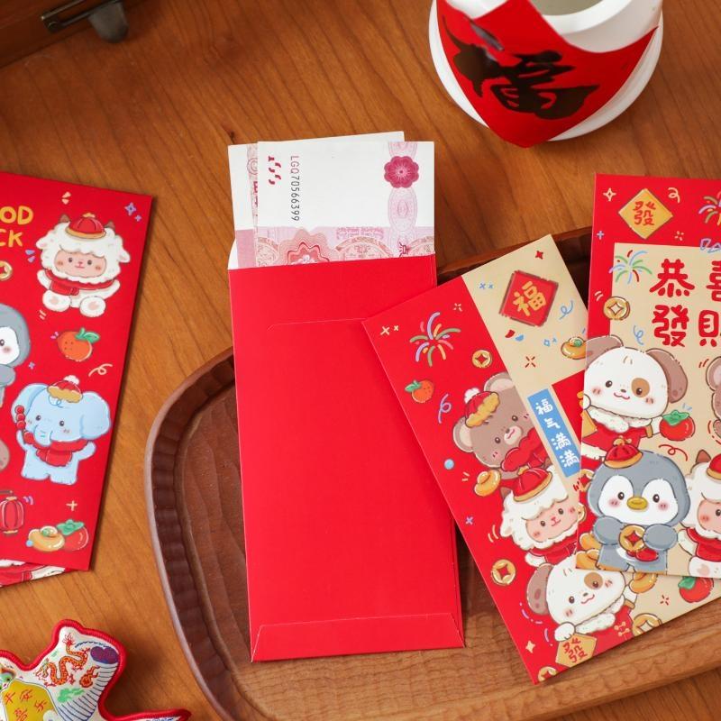 6Pcs New Year Blessing Red Packets Thick Paper Money Envelopes for Spring Festival Gifting