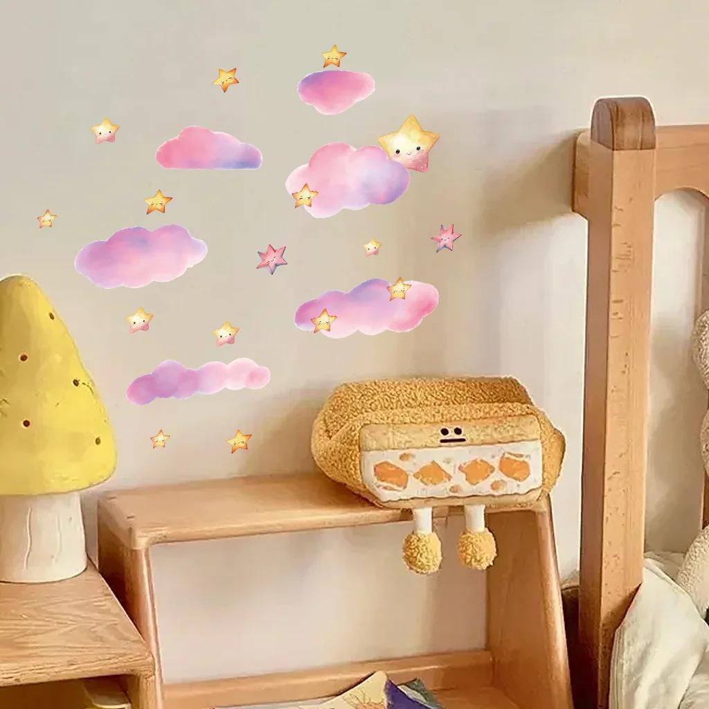 Stars Clouds Glowing Pink Wall Stickers for Kids Girls Room Bedroom Home Decor Glow in the Dark Fluorescent Light Switch Sticker