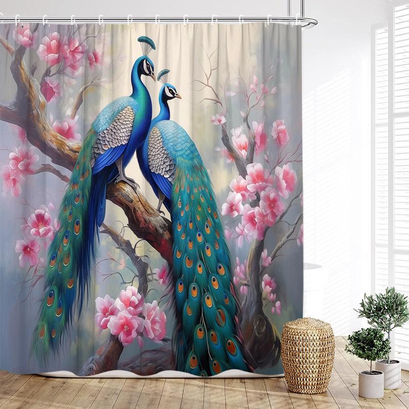 Floral Peacocks Shower Curtain Tree Cave Jungle Flowers Green Plants Birds Modern Home Bathroom Decor Bath Curtains With Hooks