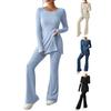 Women Two Pieces Suit Winter Autumn Knitted Long Sleeve Ribbed Slit Top High Waist Flared Trousers Set Fashion Outfit