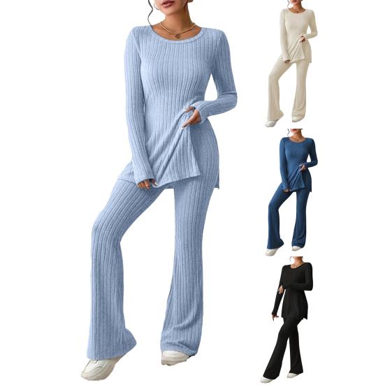 Women Two Pieces Suit Winter Autumn Knitted Long Sleeve Ribbed Slit Top High Waist Flared Trousers Set Fashion Outfit