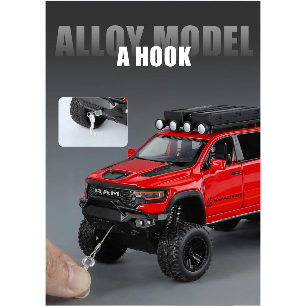 1/32 DODGE Tyrannosaurus RAM Alloy Pickup Camper Van Car Model Diecasts Metal Off-road Vehicles Car Model Sound Light Kids Gifts