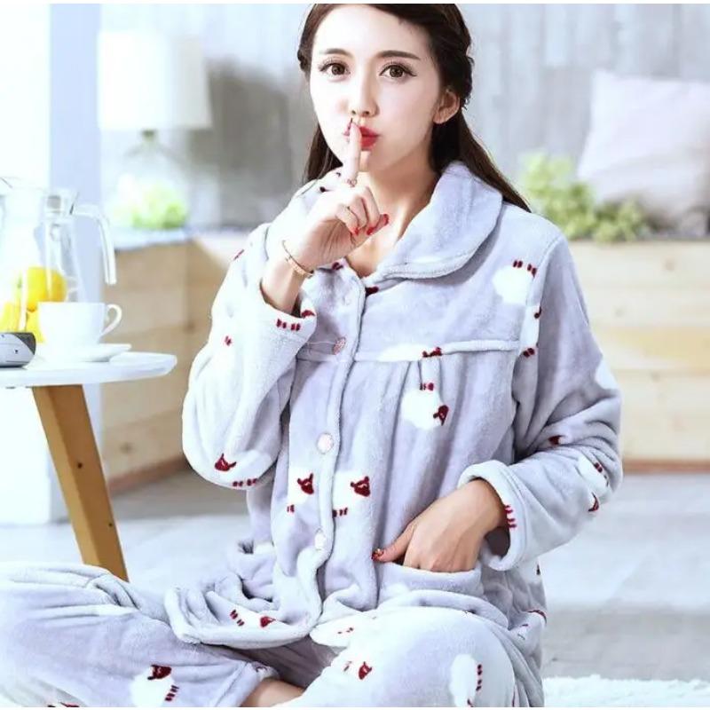 Thick Autumn Winter Warm Flannel Women Pyjamas Sets Long Sleeve Pijama Sleepwear Flannel Women Pajamas Set Home Wear