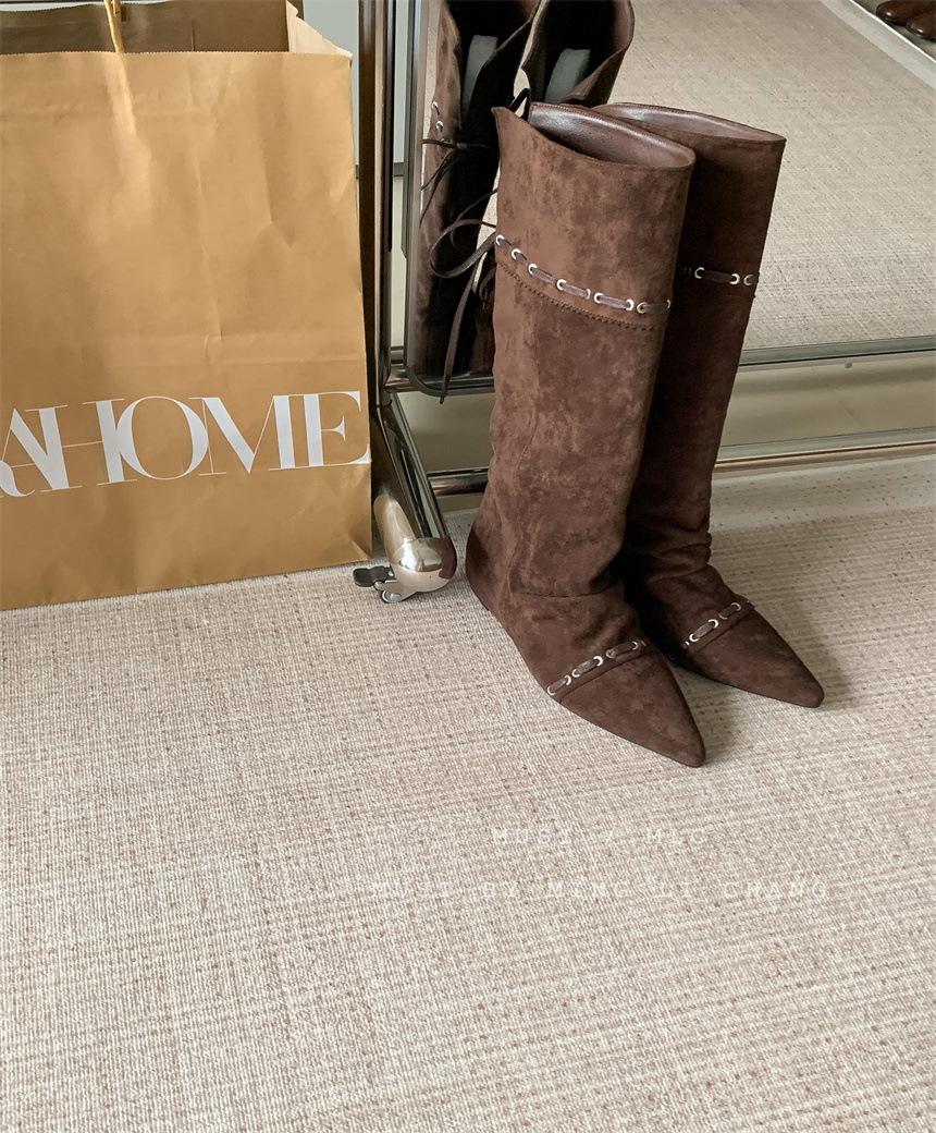 

Осень и зима 2025 новая мода западные ковбойские сапоги на наборном каблуке на высоком каблуке с острым носком прямые, но сапоги до колена 39 темно-коричневого