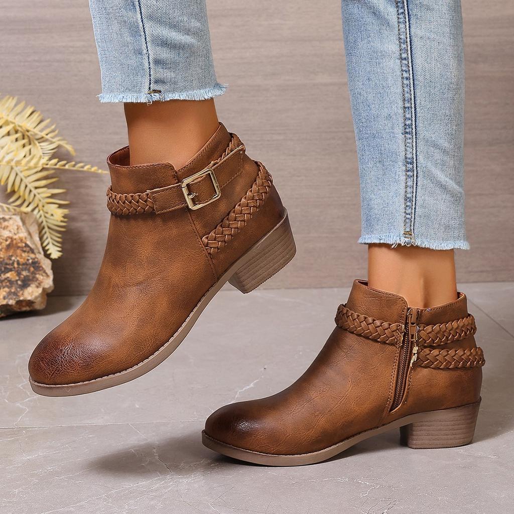 Fashion Women's Boots Fashion Pointe Leather Boots Side Zip Ankle Boot Belt Buckle Design High Heels Boots for Women Retro Western Botas