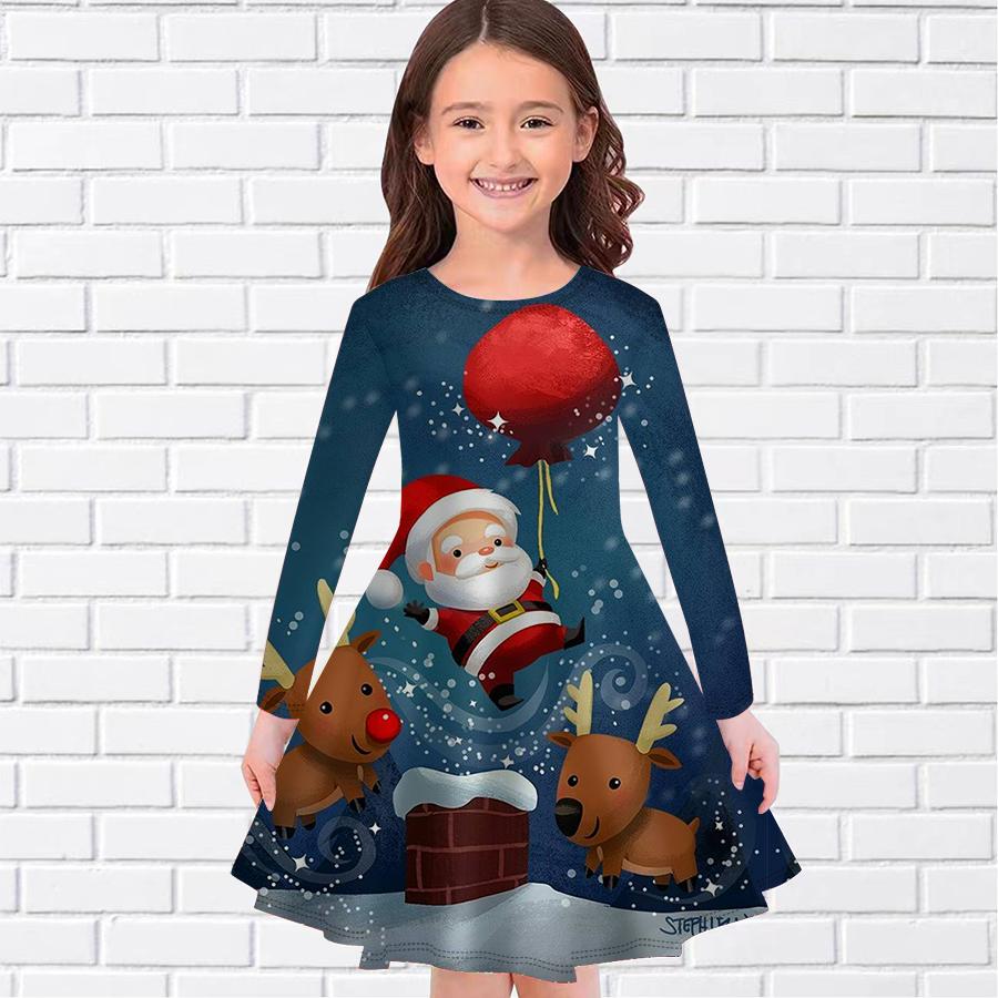 Girl Casual Christmas Gifts Print Round Neck Long Sleeve Dress Kid Princess Dress