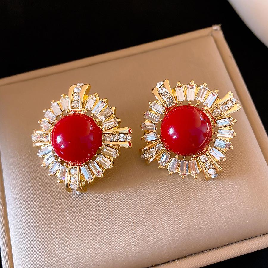 Silver Needle European and American Red Diamond Round Earrings Earrings Earrings Design Sense Niche