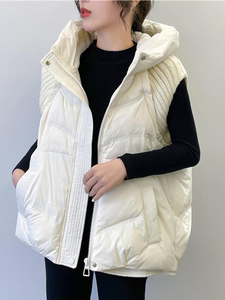 Women's Winter Knitted Duck Down Hooded Vest Sleeveless Warm Coat
