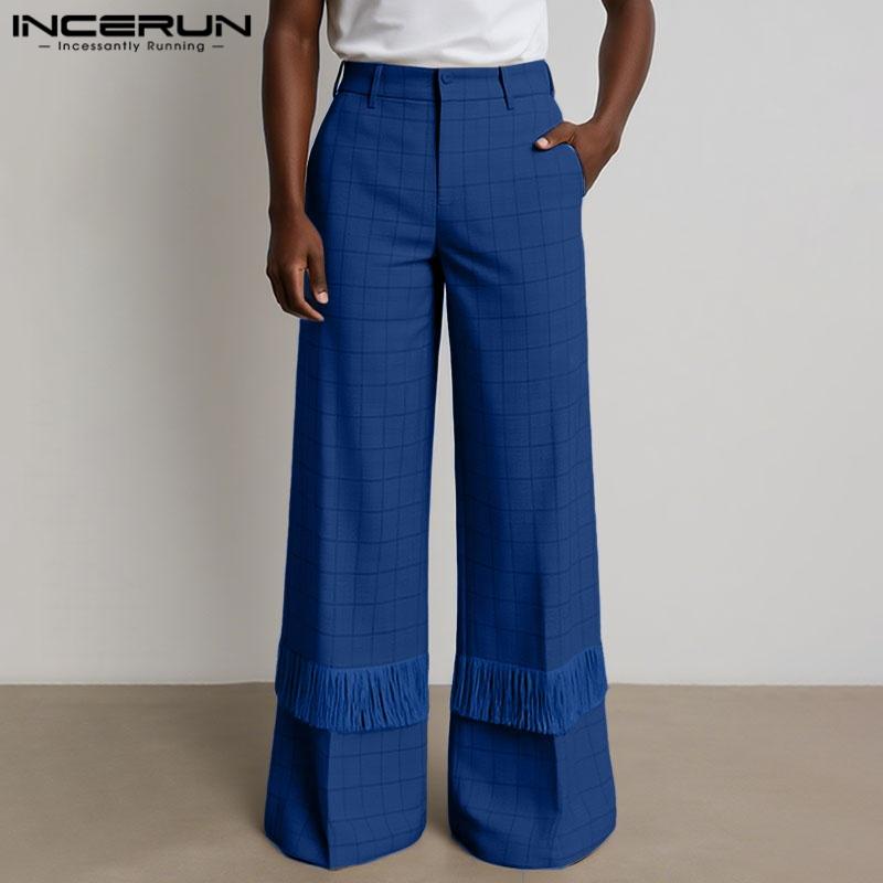 INCERUN Men Zip-up High Waist Plaid Print Tassel Casual Long Trousers Pants