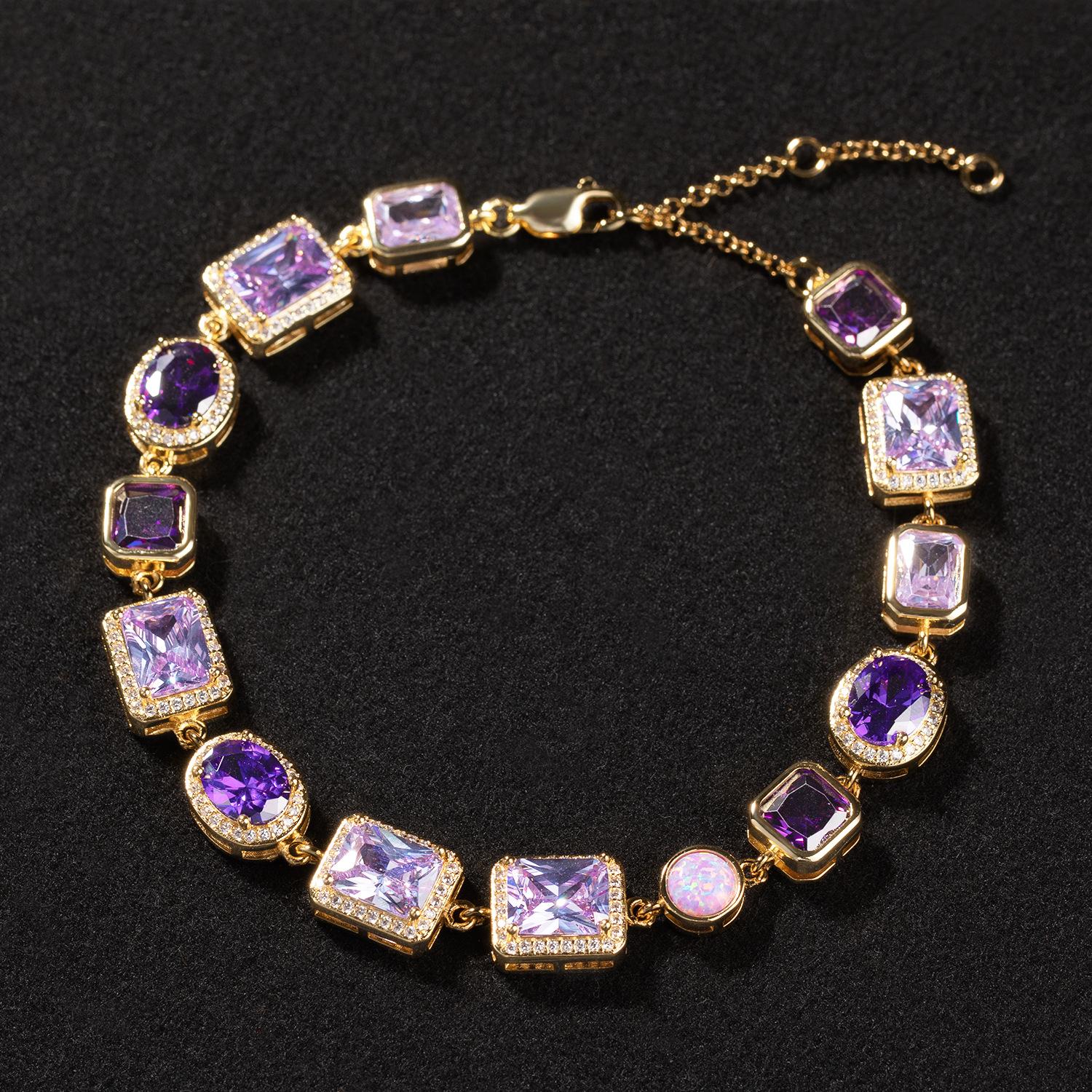 Purple Color CZ Stones Charm Bracelet Gold Plated Classic Style Brass Bangle Extensions Opal Zircon 6inch золотой