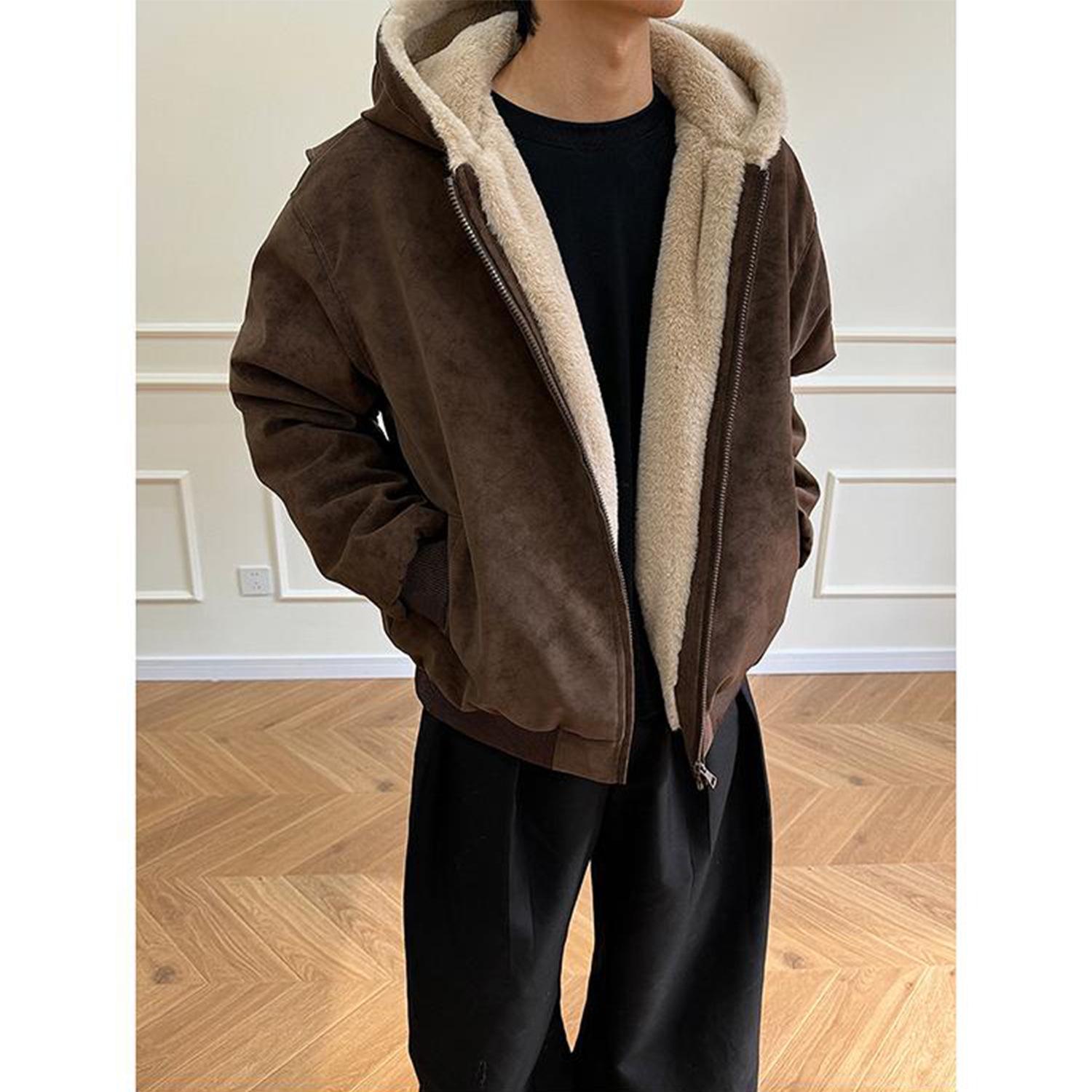 

Men s Winter Lychee Pattern Leather Hooded Jacket with Fur Collar and Thickened Velvet Lining L (For 110-130 lbs) коричневий