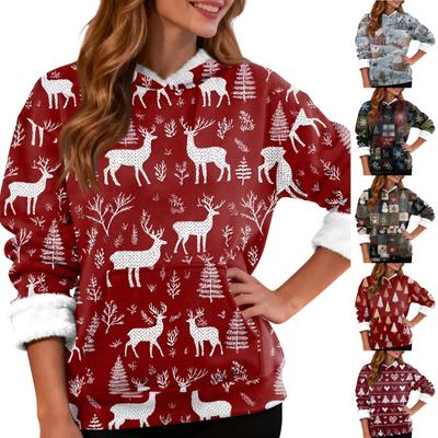 Moda feminina casual manga comprida natal estampado moletom com capuz