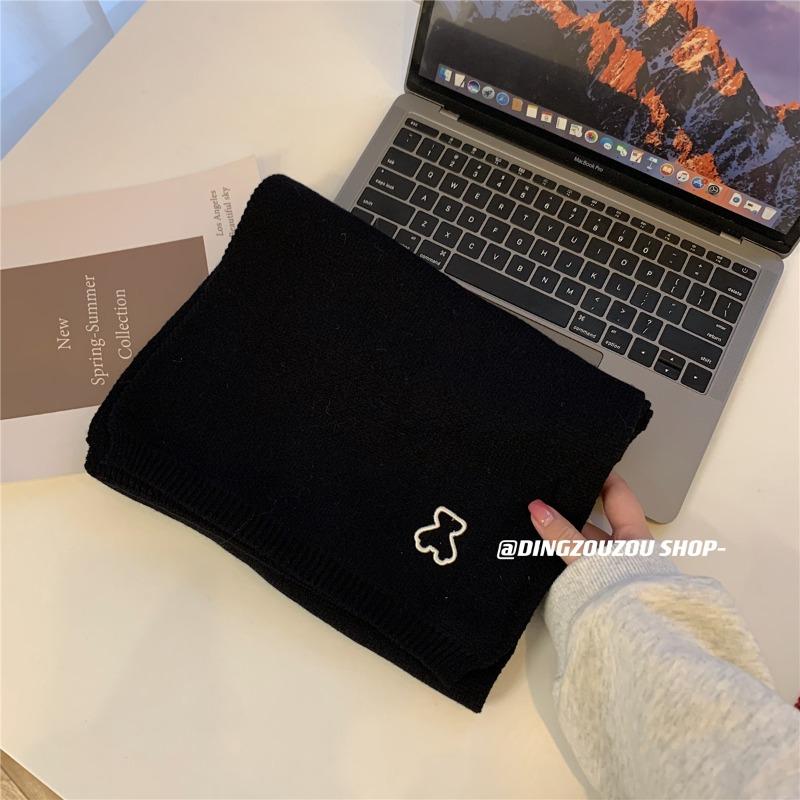 Cute bear embroidered knitted scarf female autumn and winter versatile student warm solid color scarf male