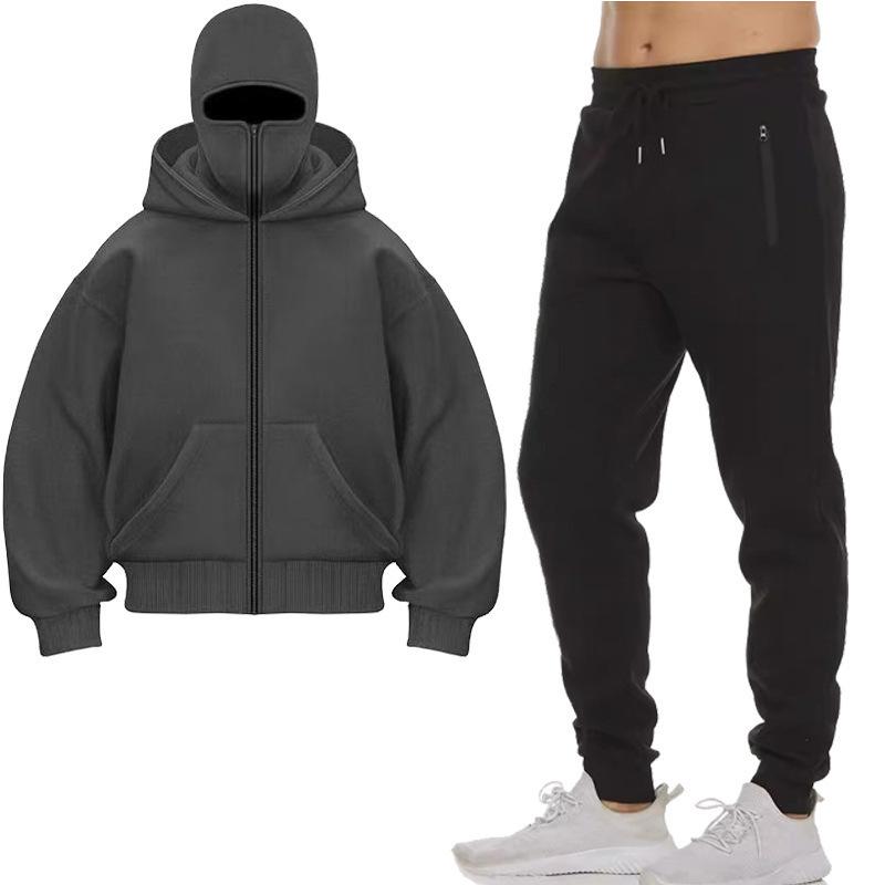 Dvojitá čepice s kapucí a kalhoty sada módní design kukla obličejová maska ​​zip mikina s kapucí muži ženy streetwear trend hip hop mikina kabát