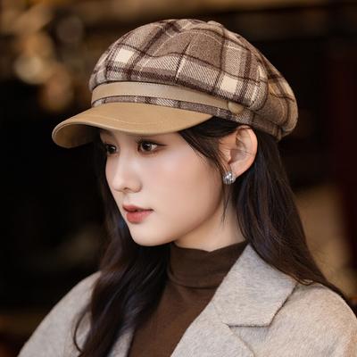 Retro Versatile Plaid Octagonal Hat Autumn and Winter Hat Women's Big Head Circumference Showing Face Ducktongue Beret