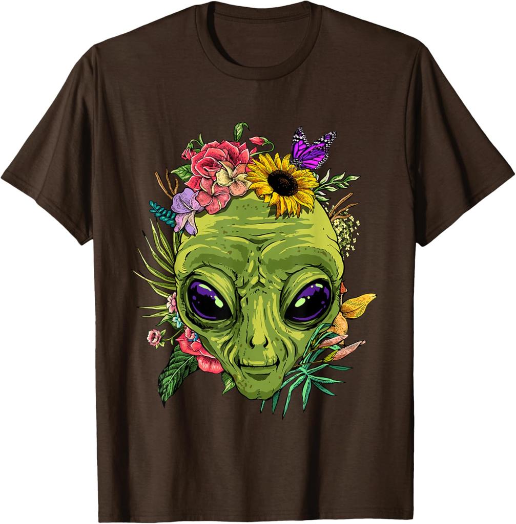 Alien mit Blumen Grafik-T-Shirt Herren Lässig Sommerausflug Rundhals-T-Shirt