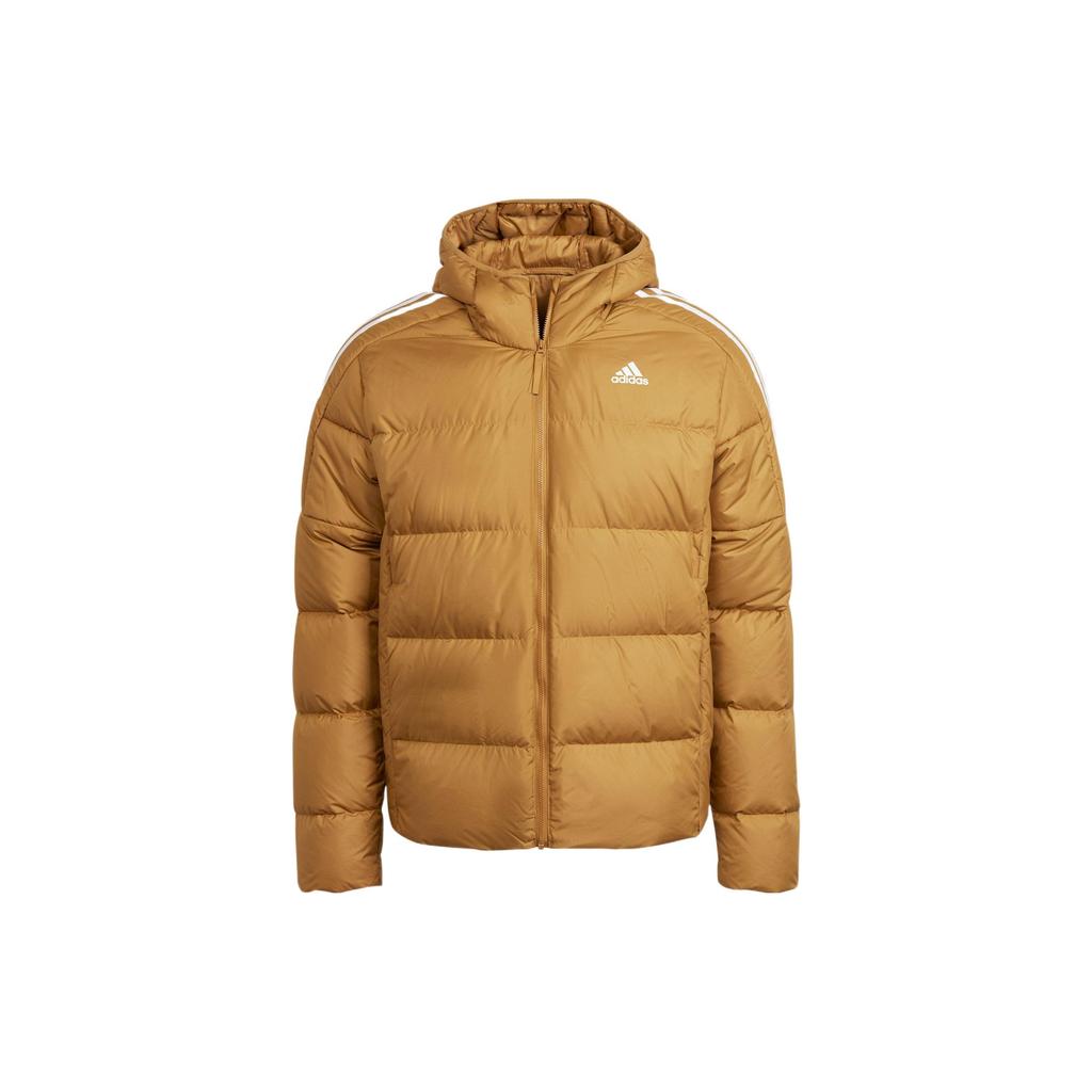 Adidas Striped Letter Logo Print Hooded Down Jacket Men Outerwear Brown HK4640