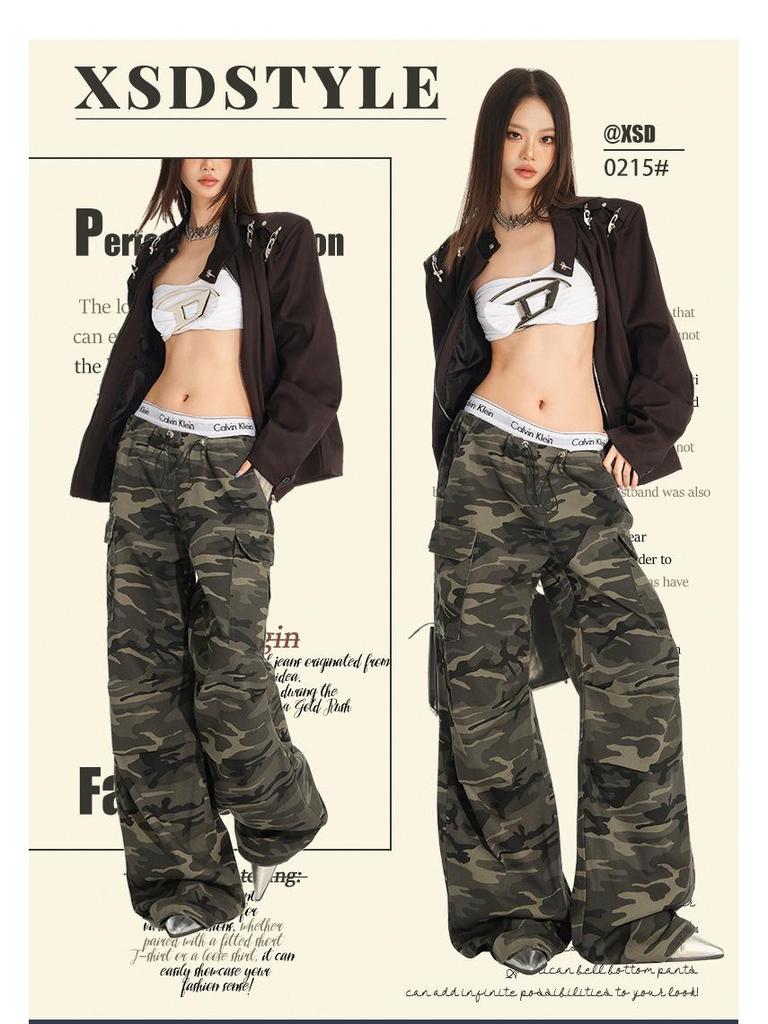 Women's American Camouflage Straight Cargo Pants - 2025 Spring/Autumn Collection, High-Waist Loose Fit Wide Leg.