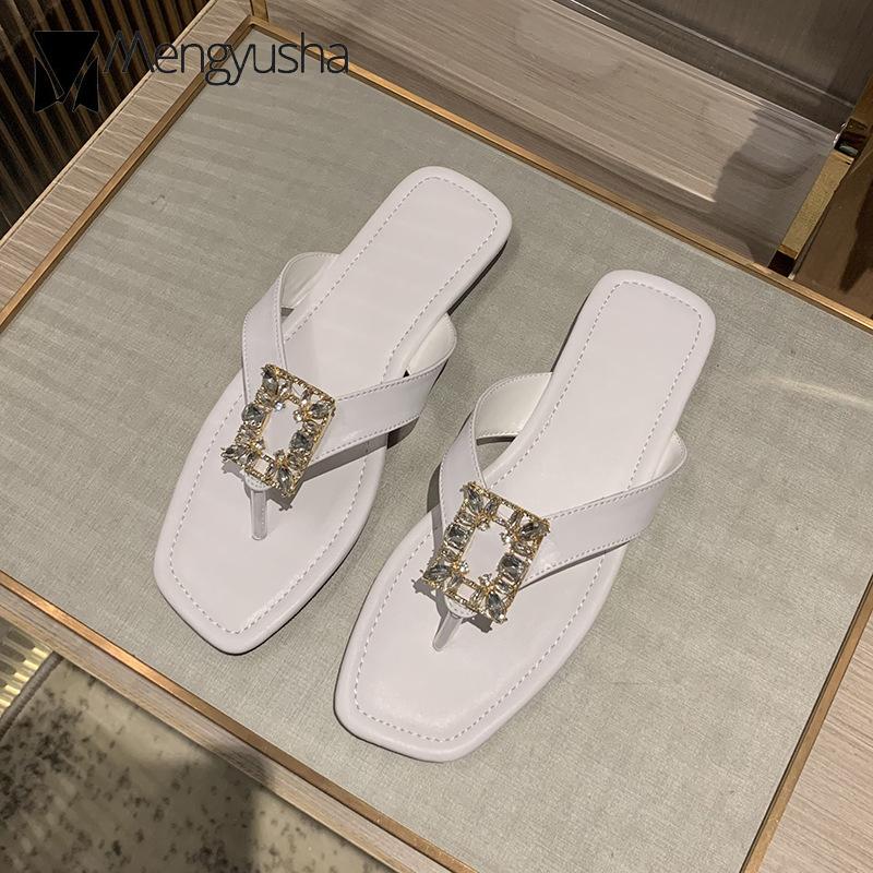 Fashion Luxury Rhinestone Buckle Flip Flops Woman Flats Heeled Slides Shoes Summer Cut-Out Slippers Home Ladies Clip Toe Sandals