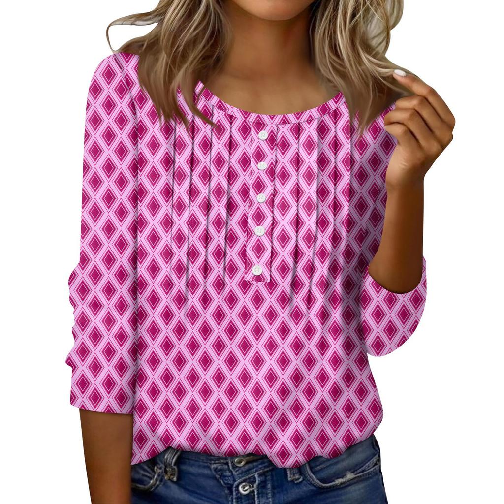 Women's Round Neck Pull Stripe Decorative Button Top Casual Solid Color 3/4 Sleeve T Shirt