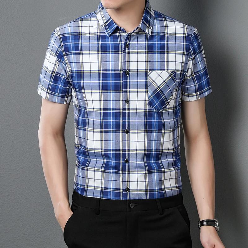 New Men's Casual Plaid Short Sleeved Lapel Shirt for Summer Fashion Comfort No Ironing Wrinkle Resistant Top