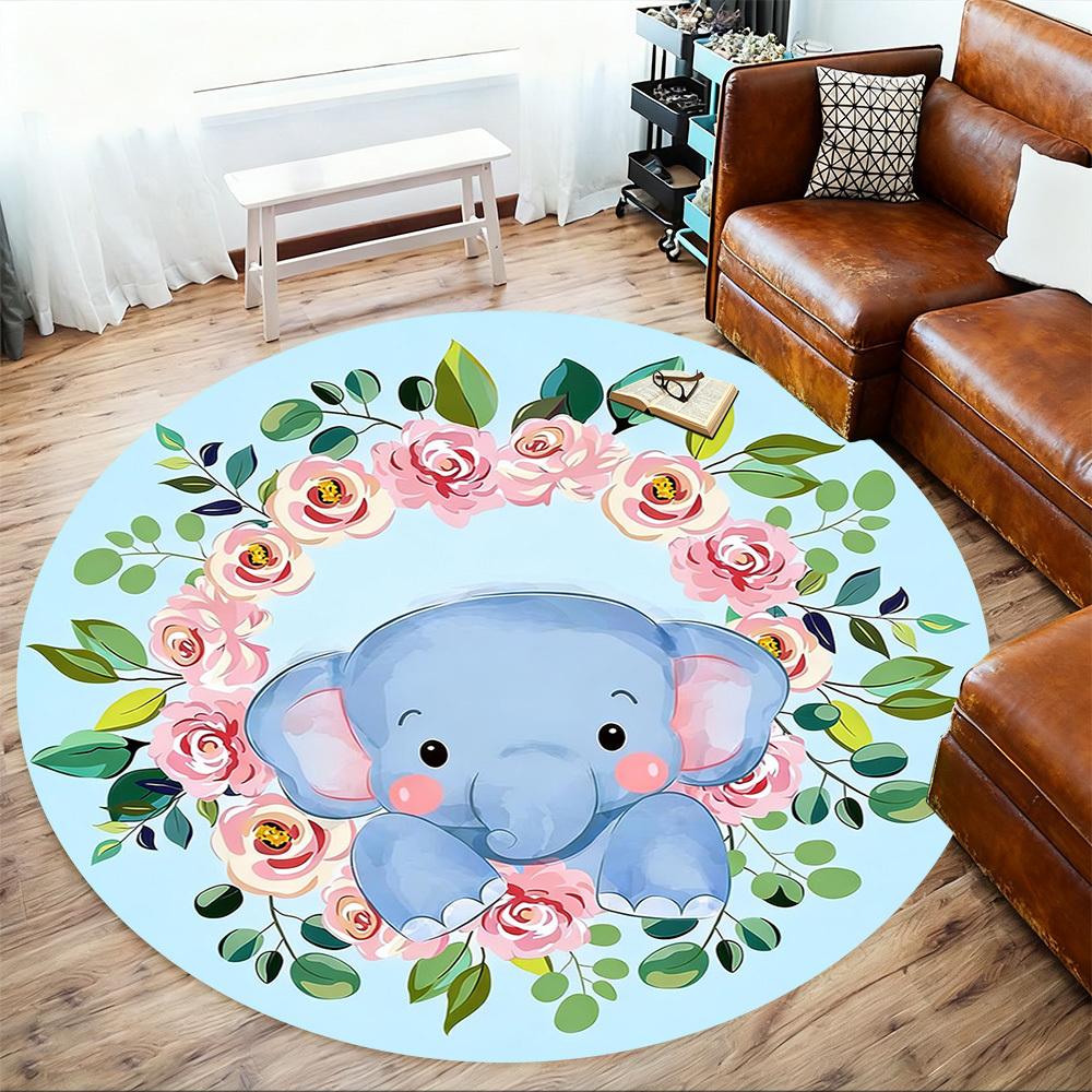 1pc Elephant Flowers Round Chair Mat Office Area Rug - Non-Slip, Floor Mat for Office, Bedroom, and Indoor Decor P127287