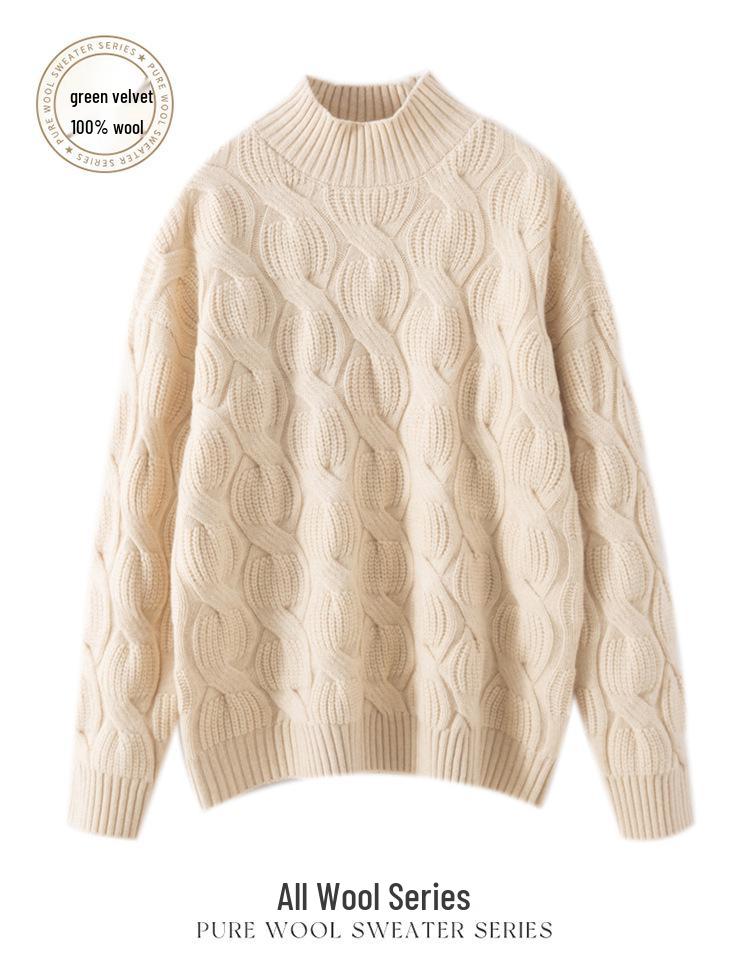 Women's Red 100% Pure Wool Lantern Sleeve Sweater with Half-High Collar and Twist Pattern - Loose Knit Pullover