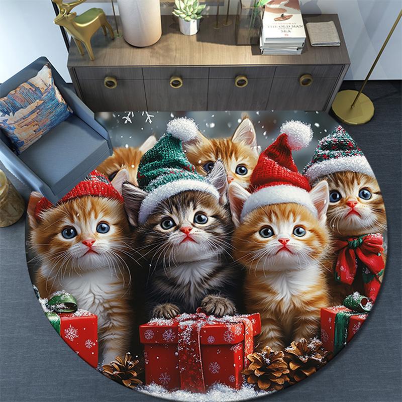Christmas Kittens Round Area Rug,Carpet Rug for Living Room Bedroom Sofa Playroom Decor,Non-slip Floor Mat
