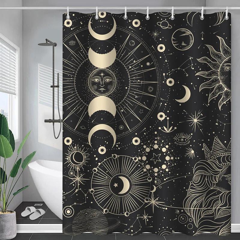 Sun And Moon Boho Mandala Printed Shower Curtain Black And White Celestial Shower Curtain Bathroom Decoration Bathtub Screen