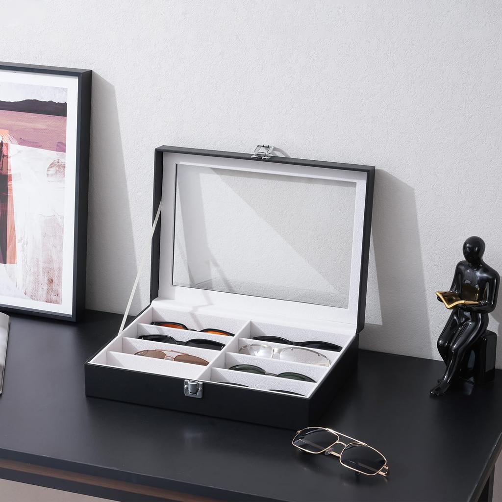 ProCase Sunglasses Case 18 Eyeglass and Jewelry Storage Box with Glass Black [Holds Sunglasses], 3-Tier Lid,