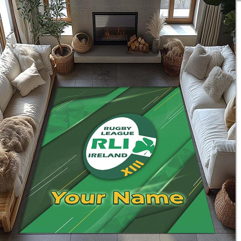 Ireland Rugby Crystal Velvet Rug, Custom Name Text Personalized Non‑Slip Floor Mat for Home Decor Gift