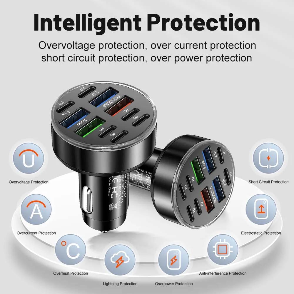 100W 10 portů Nabíječka do auta Rychlé nabíjení PD QC3.0 USB C Nabíječka do auta pro telefon Typ C Adaptér do auta Pro iPhone Samsung Huawei Xiaomi