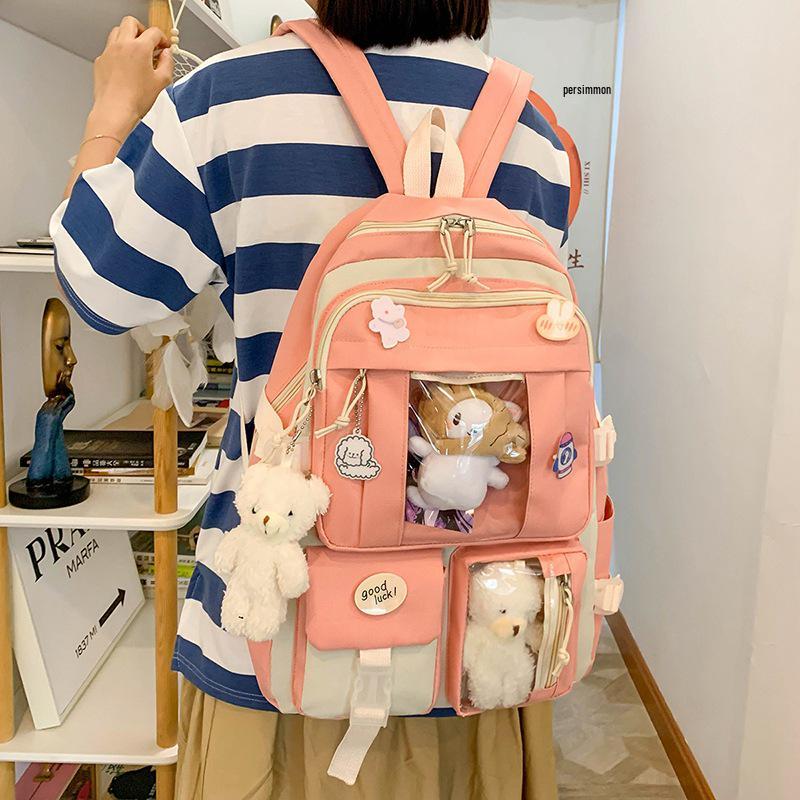 INS High School Durable Five-Piece Backpack Set for Girls - Large Capacity, Double Shoulder Bag for Junior and Middle School Students
