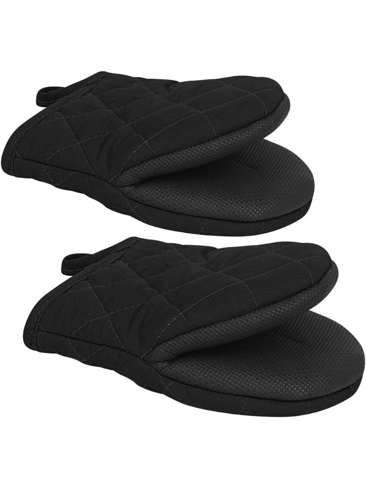 1 Pair Short Oven Mitts Silicone Kitchen Oven Gloves High Heat Resistant 500℉ with Non Slip Grip Surfaces and Hanging Loop Black