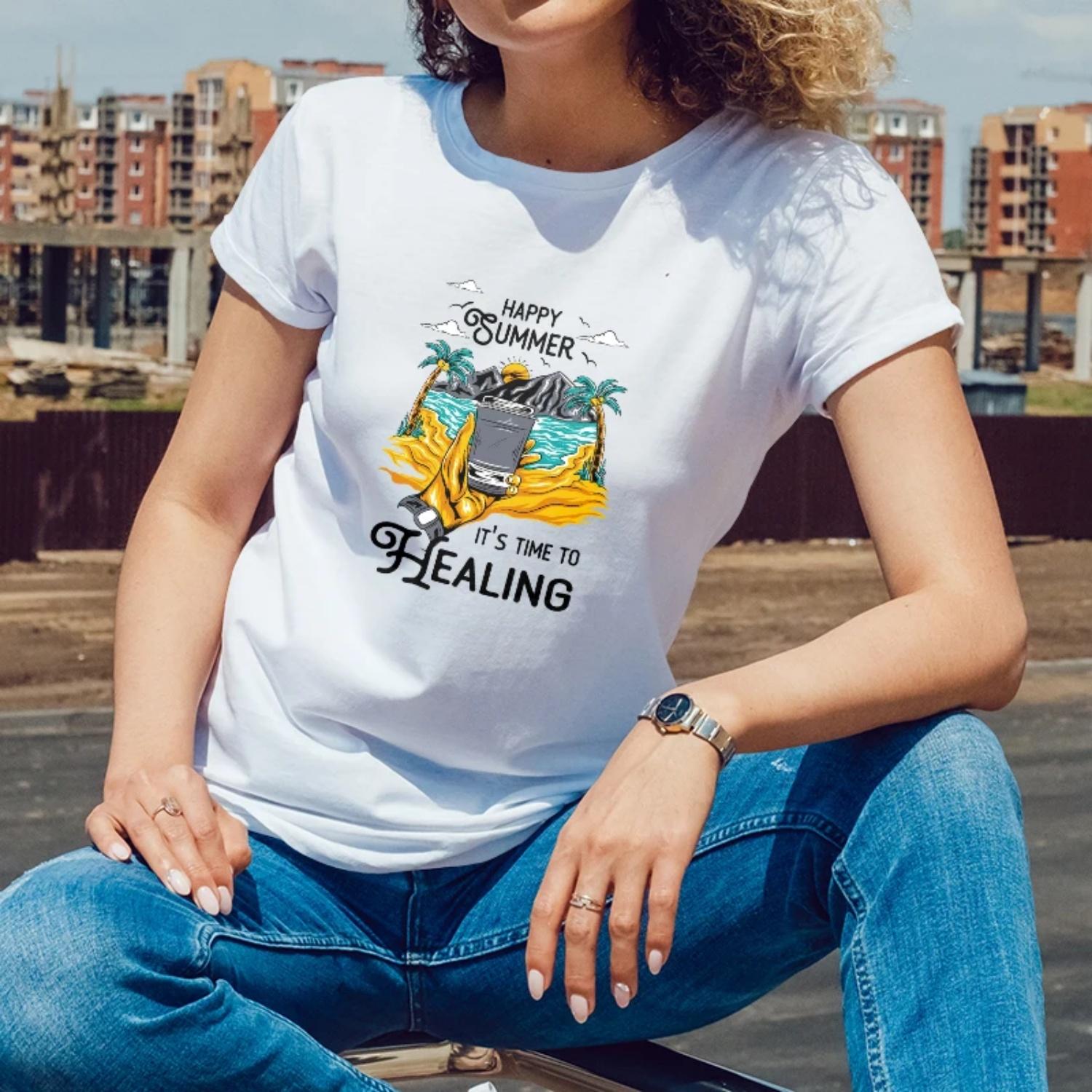 Summer healing themed Print for Relaxing Summer Days Short Sleeve T Shirt for Women with a Refreshing Positive Style S