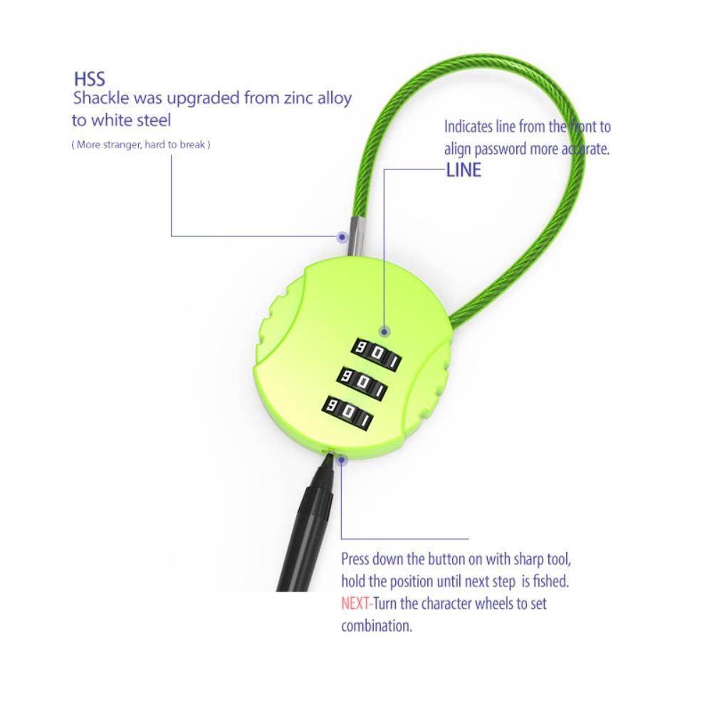Cookie Shape Wire Rope Password Lock Zinc Alloy Code Lock NEW 3 Dial Digit Password Padlock