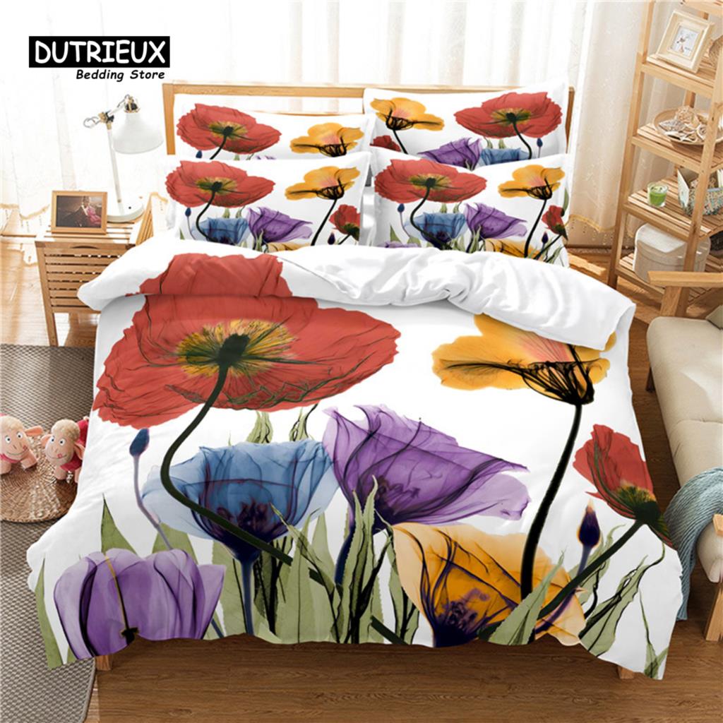 Flowers Duvet Cover Set, Fashion Flower Bedding Set, Soft Comfortable Breathable Duvet Cover, For Bedroom Guest Room Decor