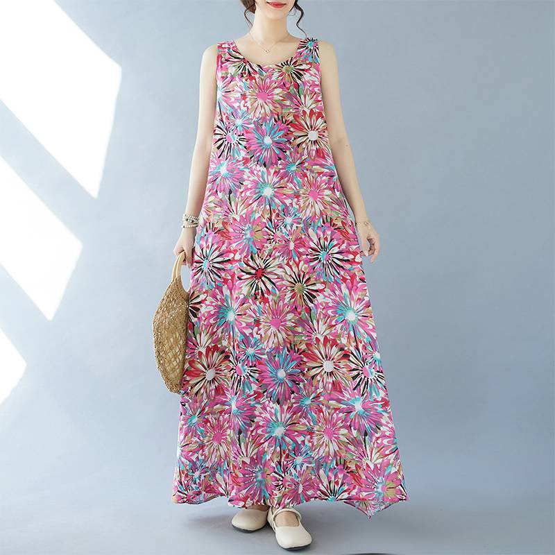 Summer Plus Women's Retro Artistic Loose Print Sleeveless Cotton Linen Dress Vest Suspender Casual Dresses