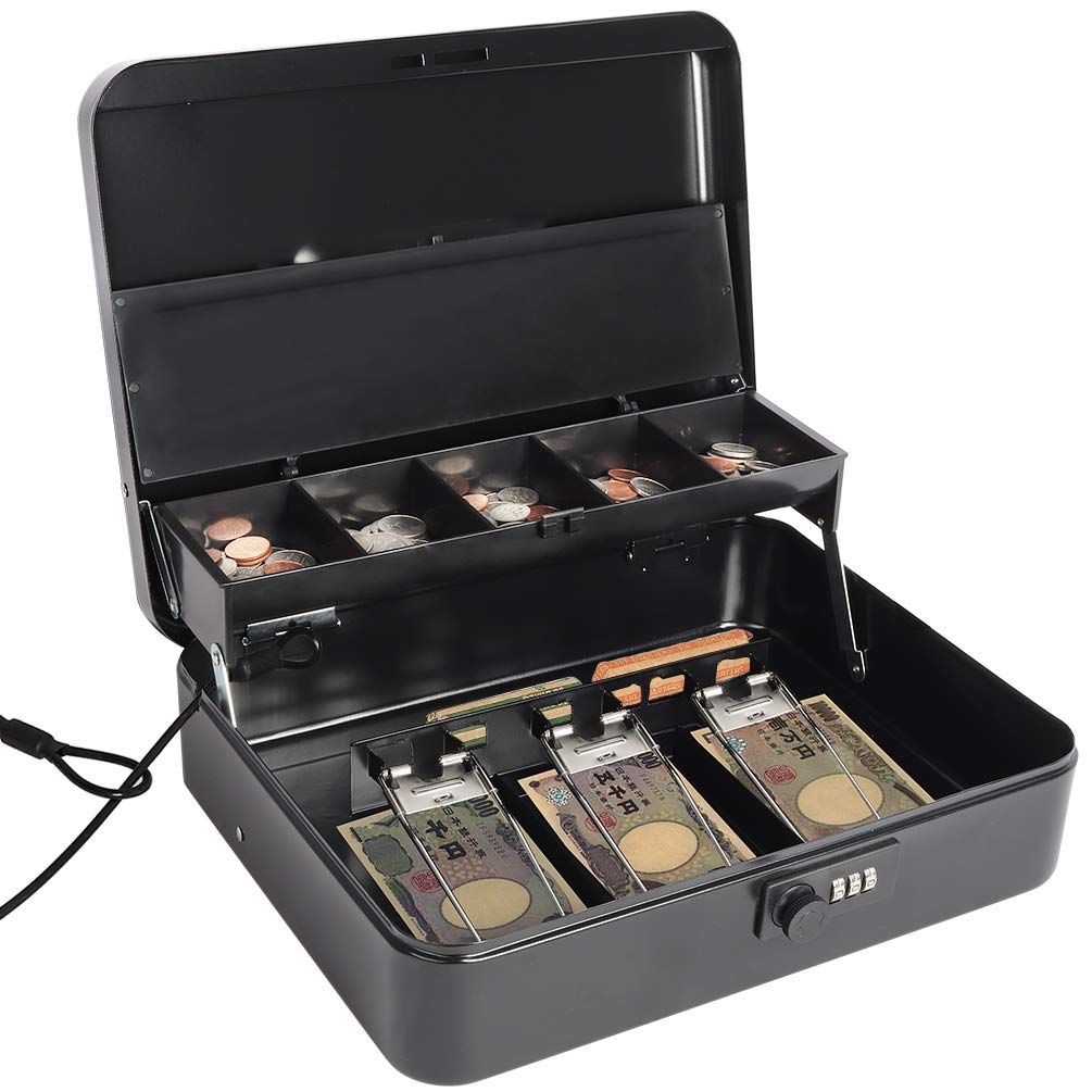 Jssmst Портативный сейф с кодовым замком, Кассовый ящик для монет, Три пружинных зажима, Противоугонный трос (черный)