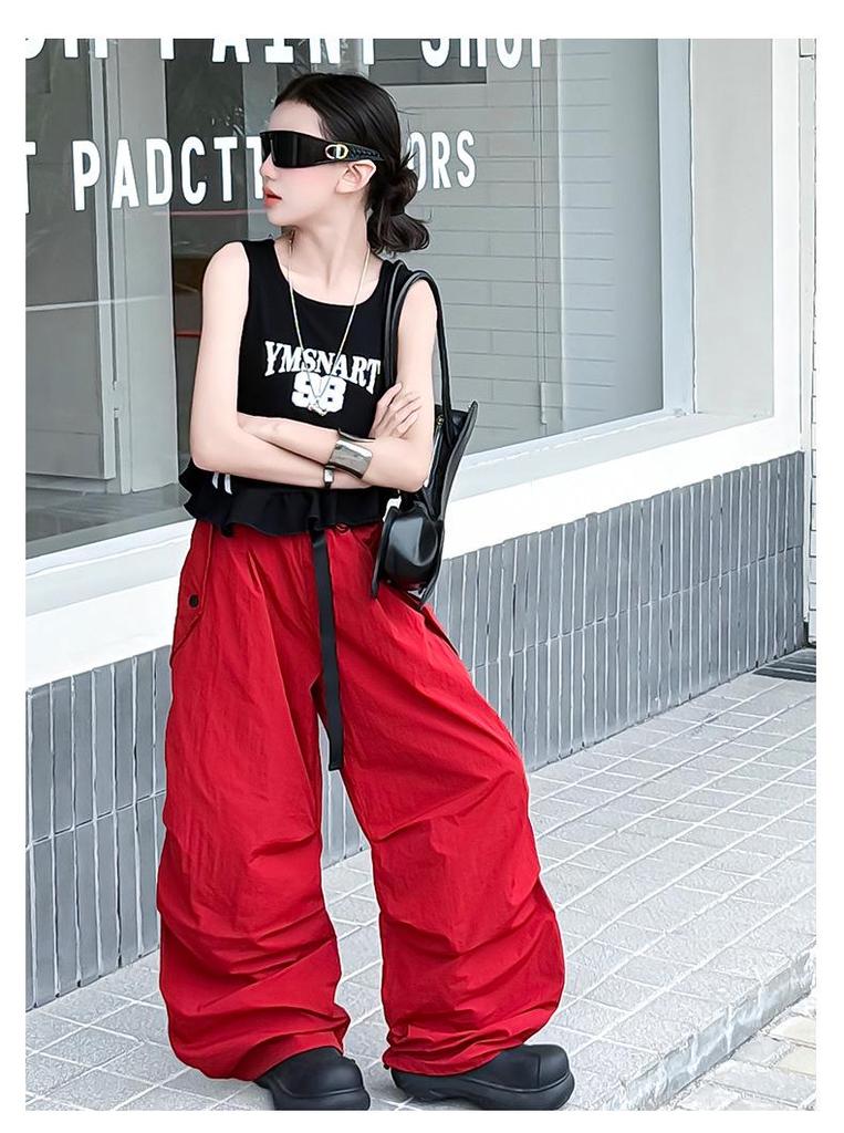 Zweiteiler im koreanischen Streetdance-Stil für Mädchen: Gestreifte ärmellose schnelltrocknende Weste & Hose mit weitem Bein.